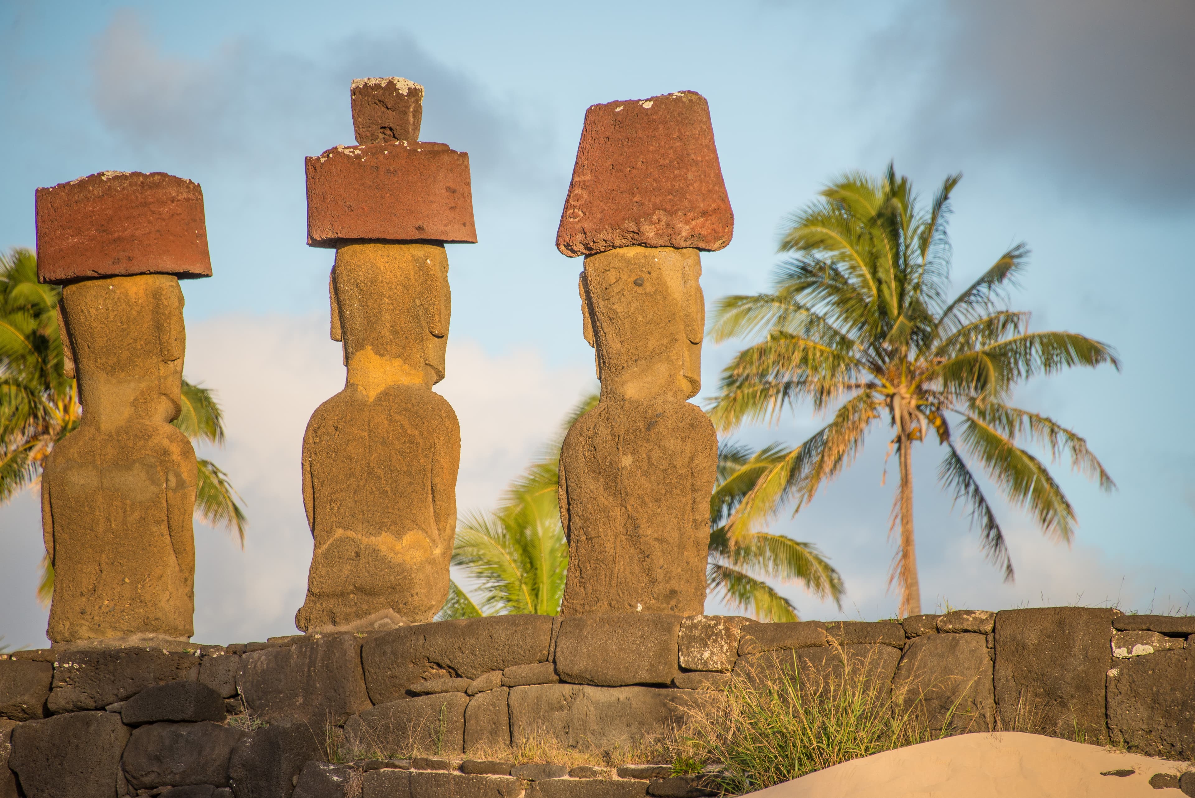 Anakena beach and Ahu Nau Nau at sunset